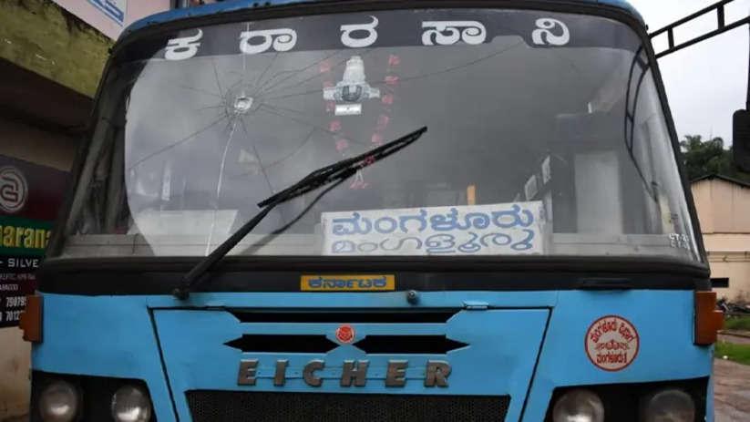 A damaged KSRTC bus at the Kasargod depot