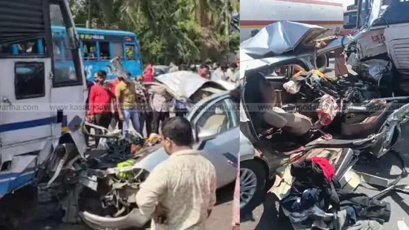 Damaged car after collision with KSRTC bus in Kanhangad.