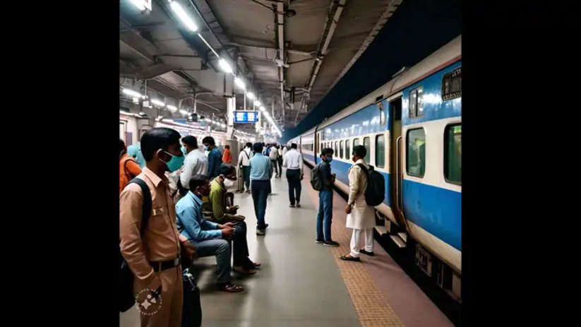 A train departing from a railway station